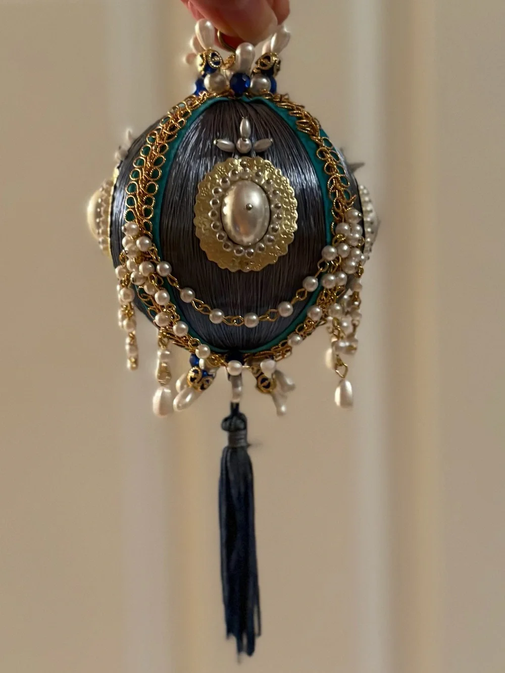 Handcrafted Blue and White Beaded Tassel Push Pin Ornament